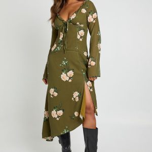 Floral Asymmetric Flare Sleeve Midaxi Dress