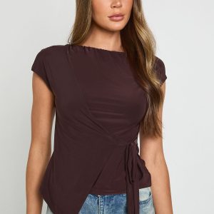 Double Layer Slinky Boat Neck Top With Wrap Tie Detail