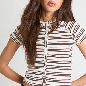 Stripe Rib Button Through Short Sleeve Top