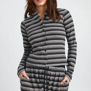 Stripe Rib Button Through Long Sleeve Top