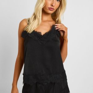 Eyelash Lace Trim Satin Cami & Shorts Pyjama Set