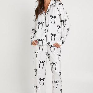 Satin Bow Print Long Sleeve Shirt & Trousers Pyjama Set