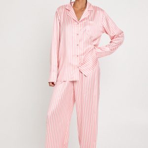 Oversized Satin Stripe Long Sleeve Shirt & Trousers Pyjama Set