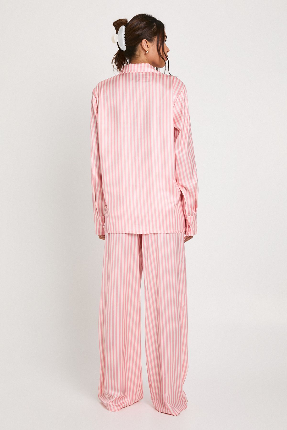 Oversized Satin Stripe Long Sleeve Shirt & Trousers Pyjama Set - Image 2