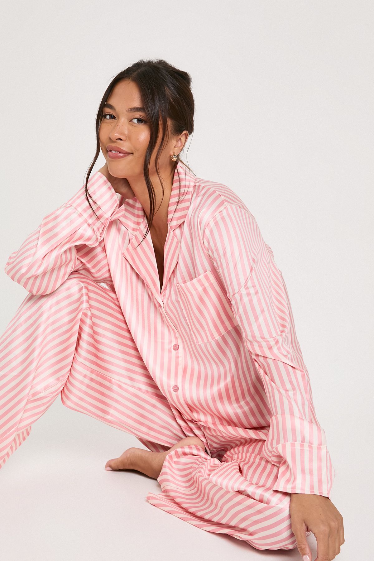 Oversized Satin Stripe Long Sleeve Shirt & Trousers Pyjama Set - Image 3