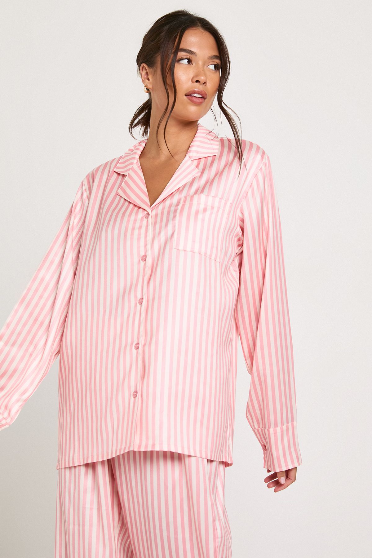 Oversized Satin Stripe Long Sleeve Shirt & Trousers Pyjama Set - Image 4