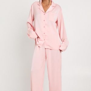 Oversized Satin Long Sleeve Shirt & Trousers Pyjama Set