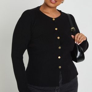 Plus Gold Button Crew Neck Peplum Cardigan