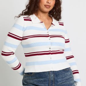 Plus Collared Stripe Crew Neck Cardigan