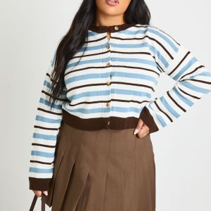 Plus Stripe Crew Neck Cardigan