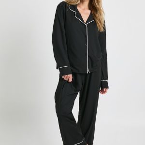 Petite Jersey Piping Detail Long Sleeve Shirt & Trousers Pyjama Set