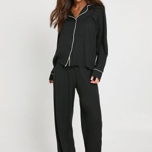 Jersey Piping Detail Long Sleeve Shirt & Trousers Pyjama Set