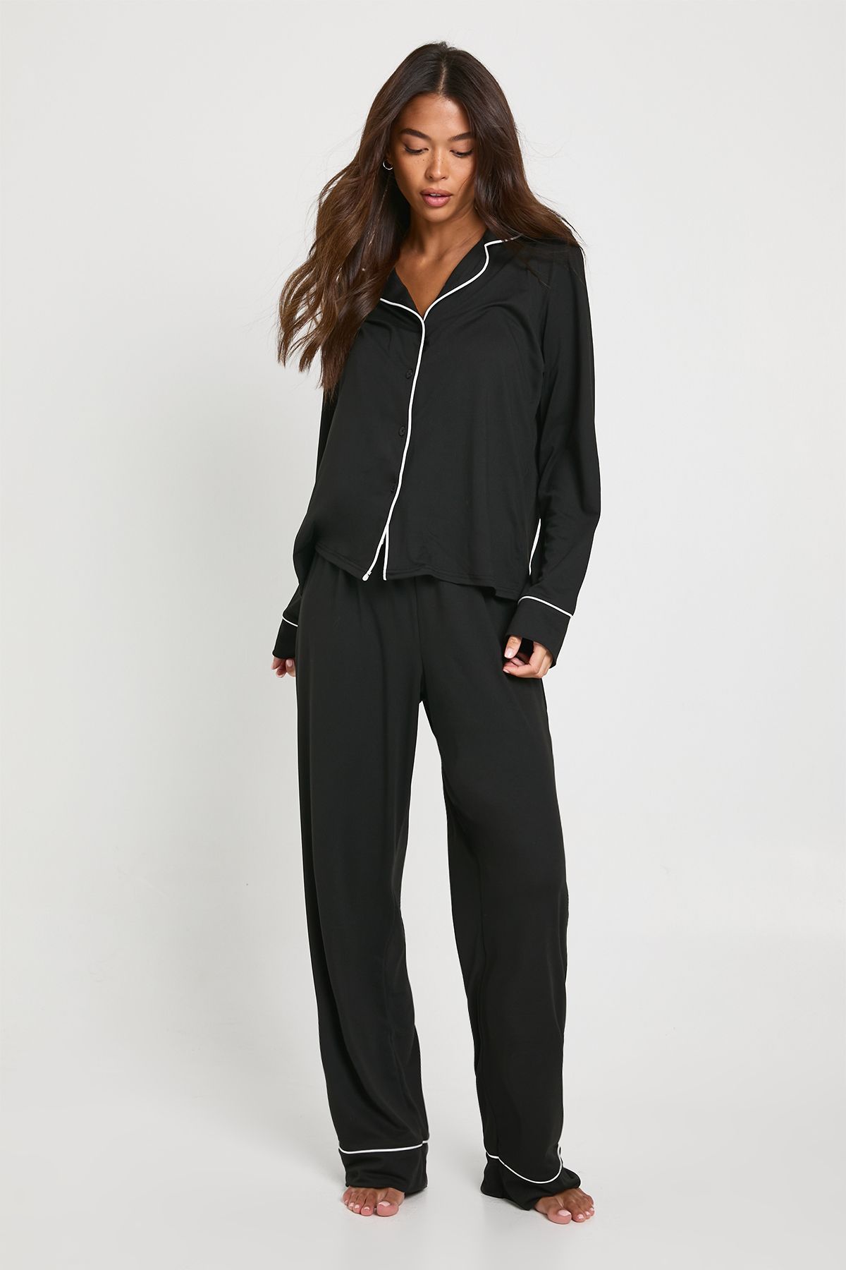 Jersey Piping Detail Long Sleeve Shirt & Trousers Pyjama Set
