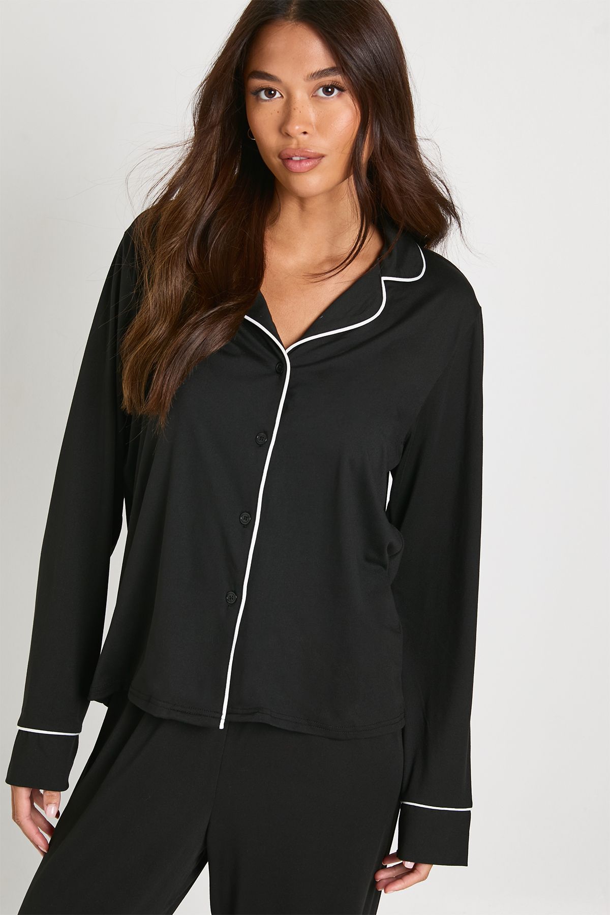 Jersey Piping Detail Long Sleeve Shirt & Trousers Pyjama Set - Image 3