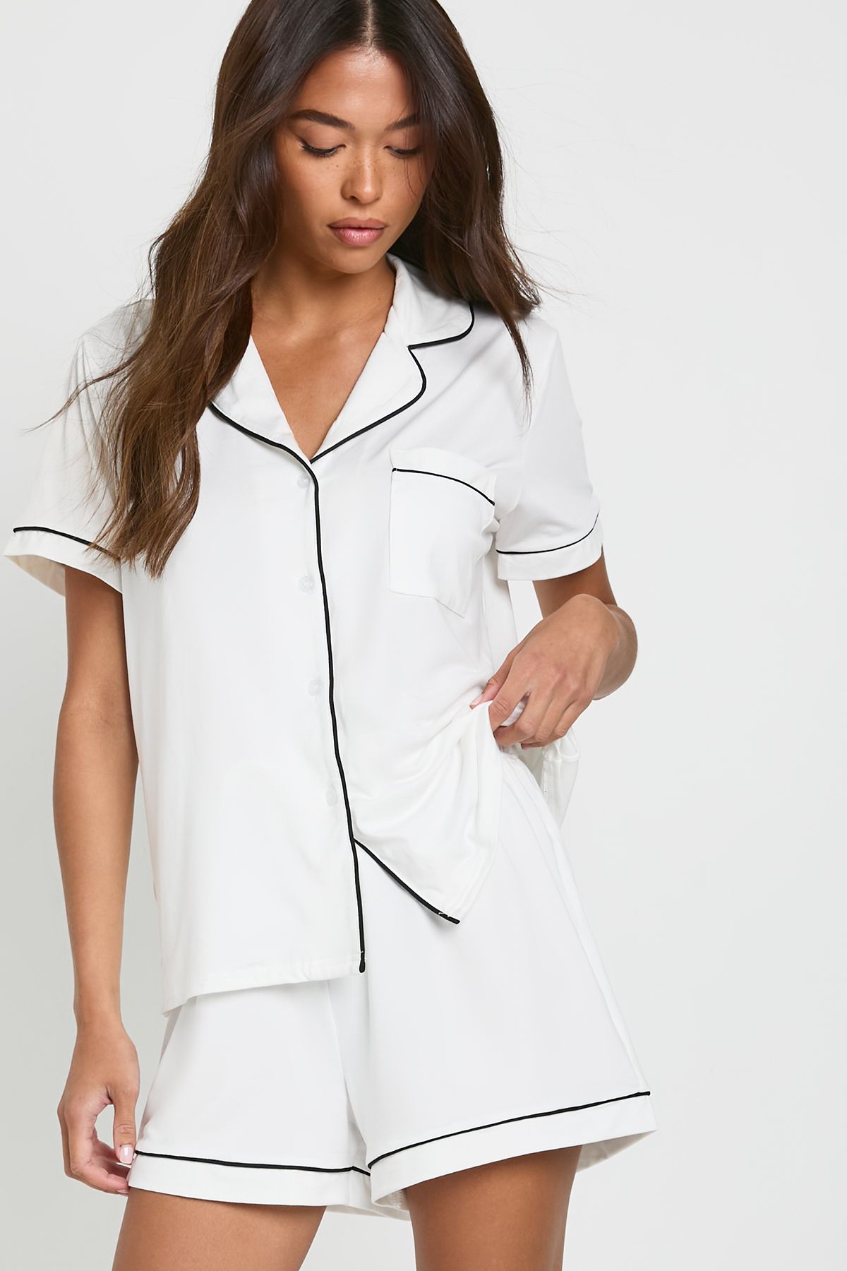 Jersey Piping Detail Short Sleeve Shirt & Shorts Pyjama Set