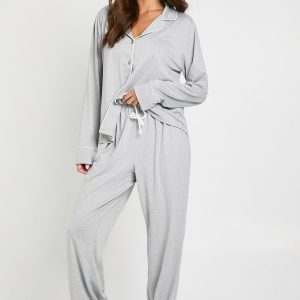 Jersey Piping Detail Long Sleeve Shirt & Trousers Pyjama Set