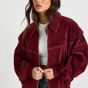 Petite Faux Suede Contrast Stitch Bomber Jacket