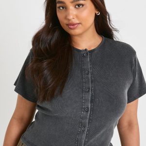 Plus Acid Wash Rib Button through slouchy 3/4 sleeve top