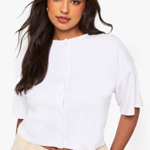 Plus Rib Button Through Slouchy 3/4 Sleeve Top