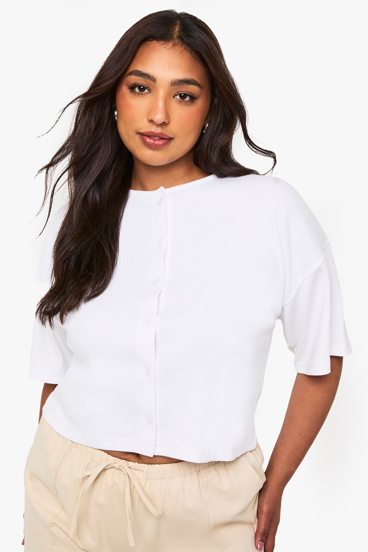 Plus Rib Button Through Slouchy 3/4 Sleeve Top