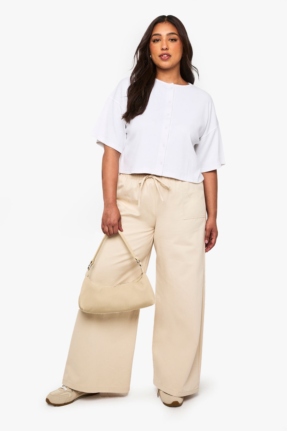 Plus Rib Button Through Slouchy 3/4 Sleeve Top - Image 3
