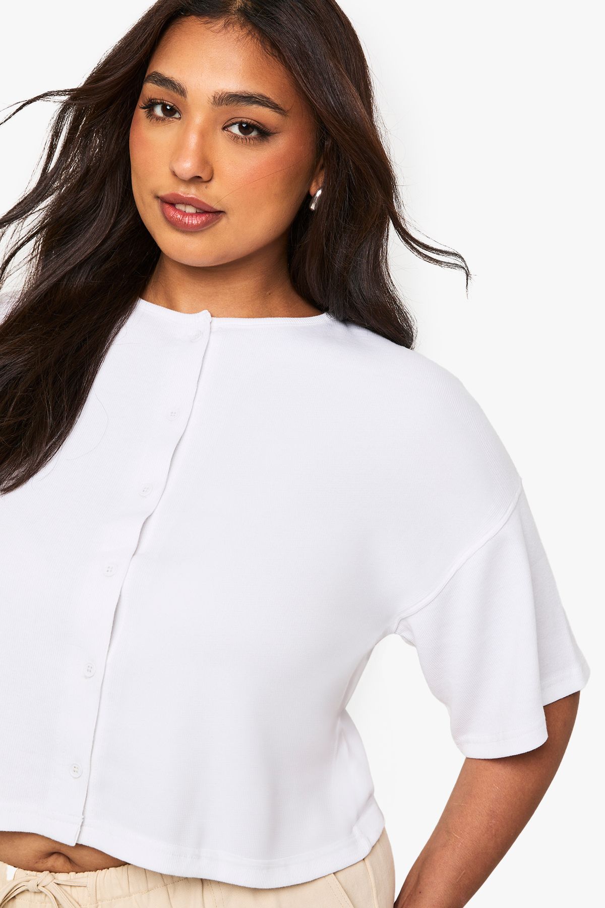Plus Rib Button Through Slouchy 3/4 Sleeve Top - Image 4