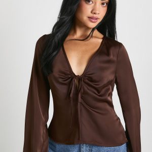 Tie Front Flare Sleeve Satin Blouse