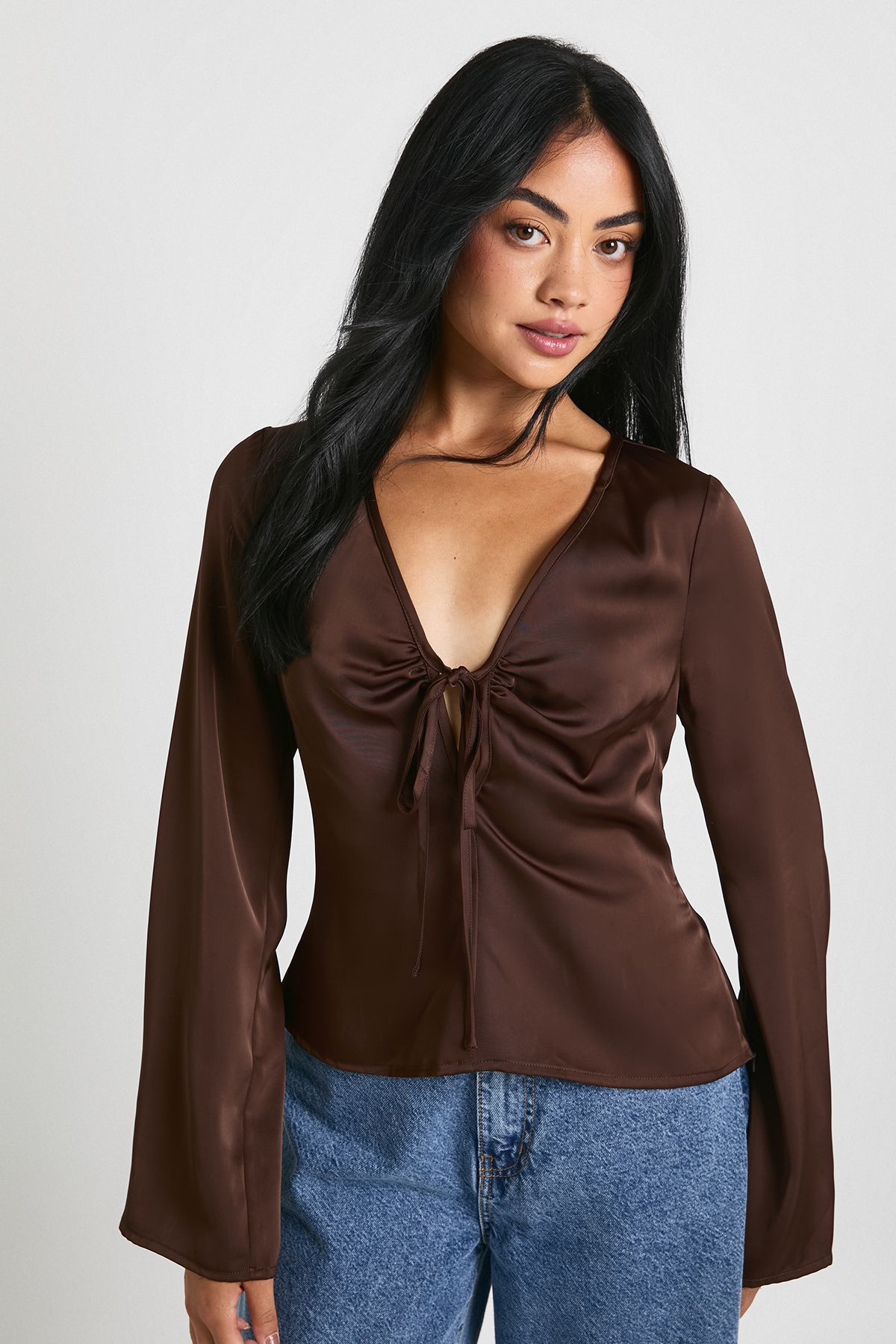 Tie Front Flare Sleeve Satin Blouse