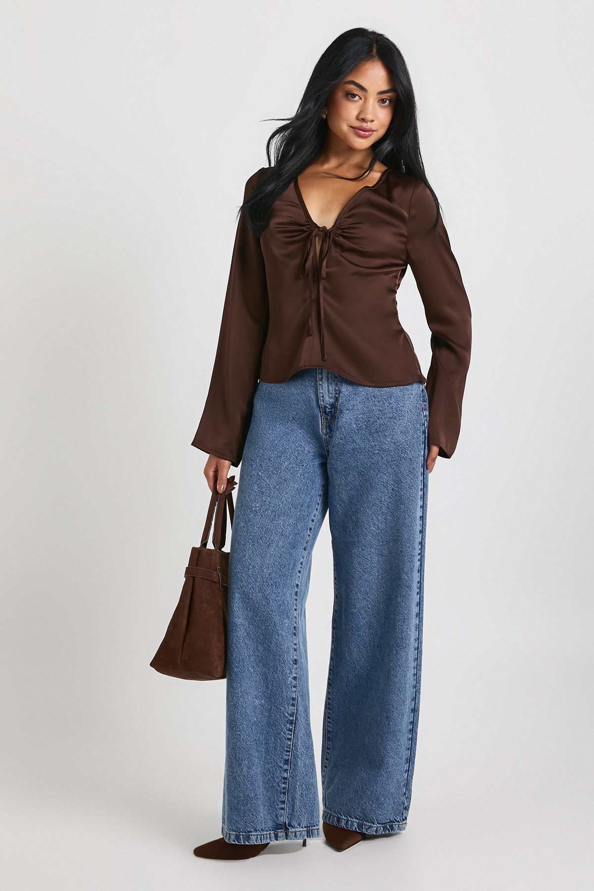 Tie Front Flare Sleeve Satin Blouse - Image 3