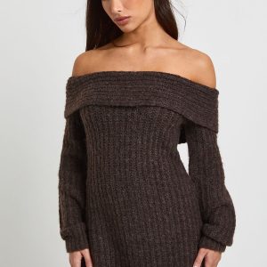 Petite Chunky Knit Bardot Mini Dress