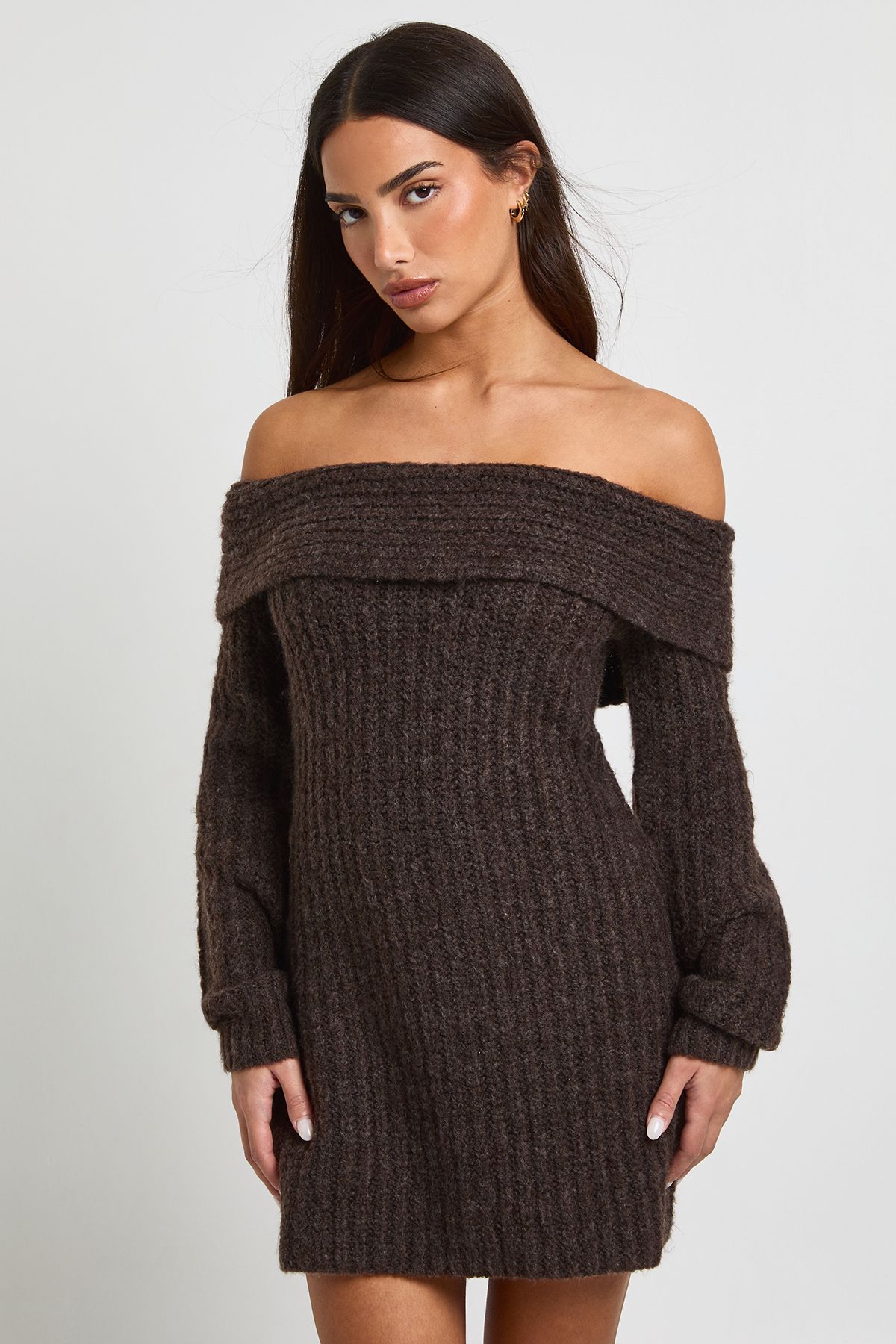 Petite Chunky Knit Bardot Mini Dress