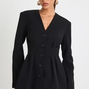 Long Sleeve Collarless Tailored Mini Dress