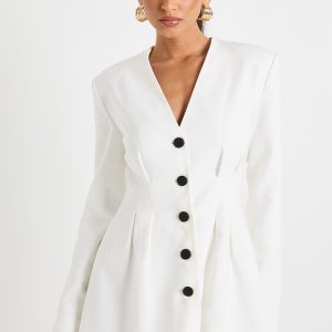 Long Sleeve Collarless Tailored Mini Dress