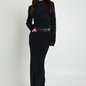 Tall Fluffy Yarn Long Sleeve Knitted Maxi Dress