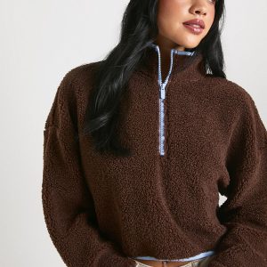 Contrast Half Zip Funnel Neck Cropped Borg Sweatshirt
