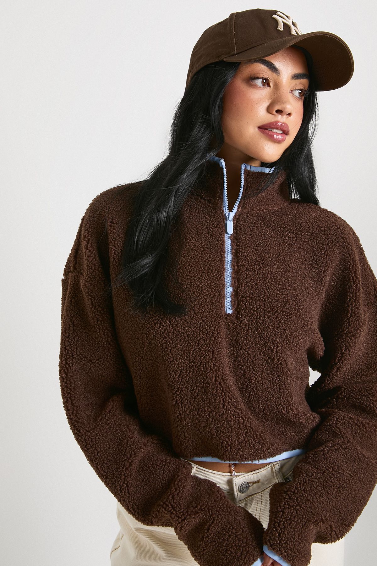 Contrast Half Zip Funnel Neck Cropped Borg Sweatshirt