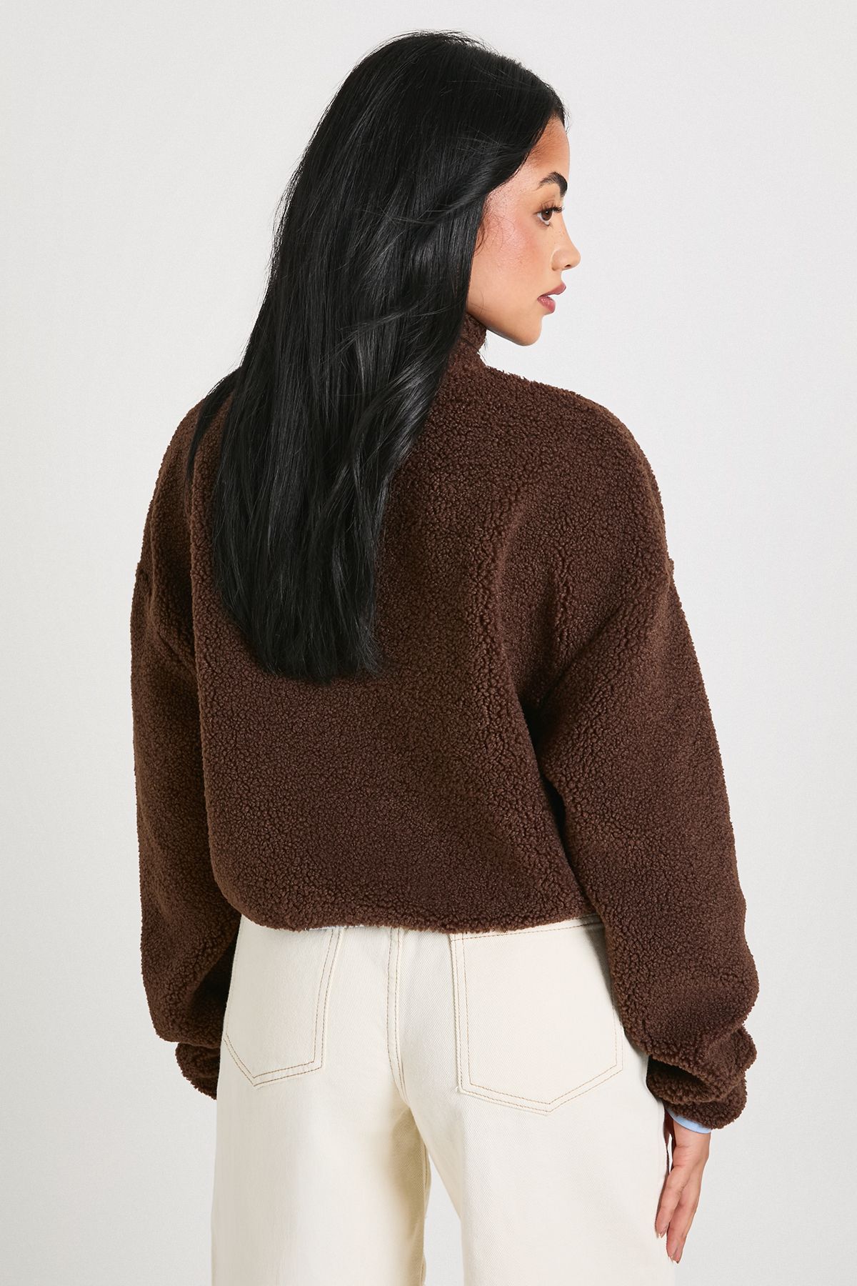 Contrast Half Zip Funnel Neck Cropped Borg Sweatshirt - Image 2
