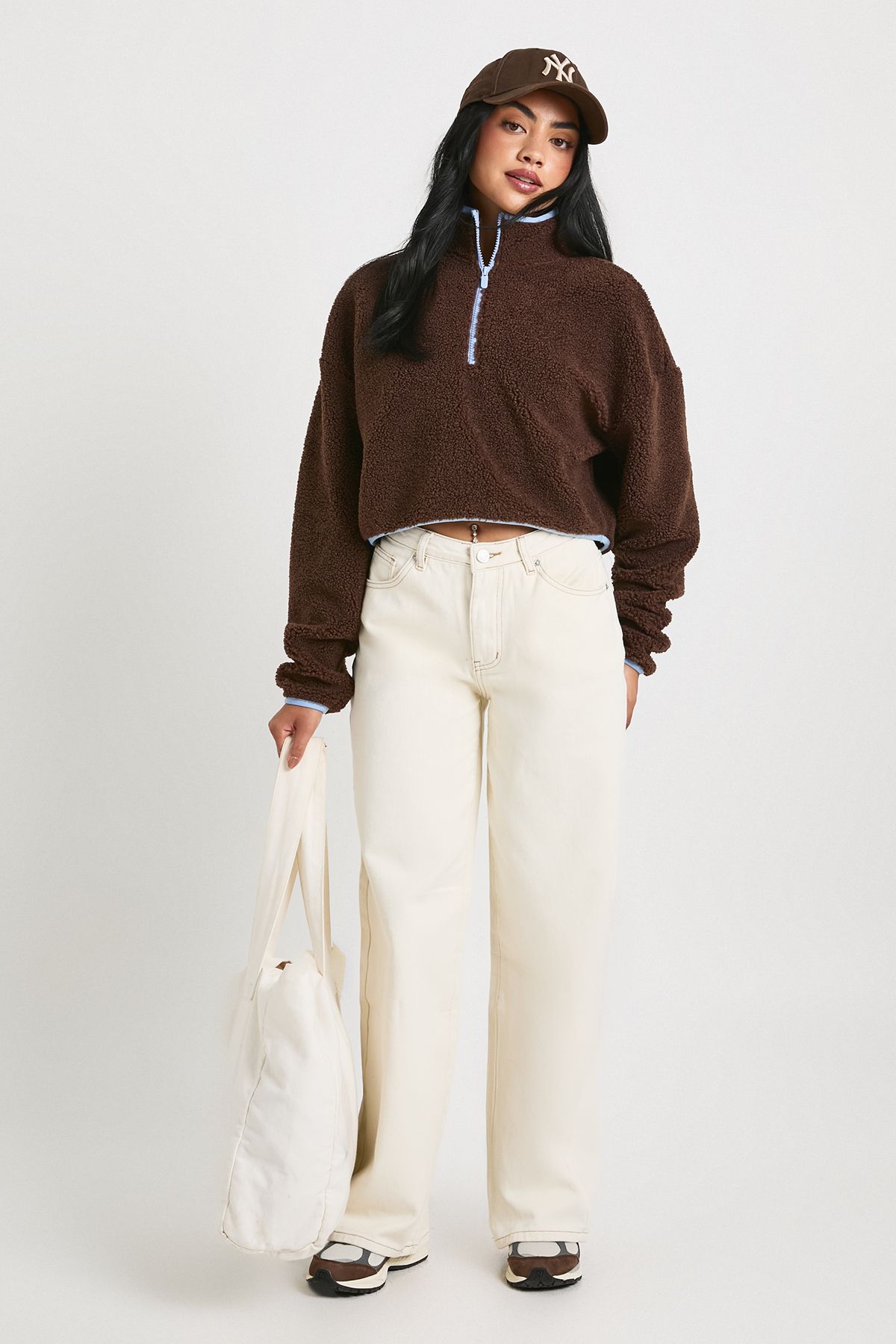 Contrast Half Zip Funnel Neck Cropped Borg Sweatshirt - Image 3