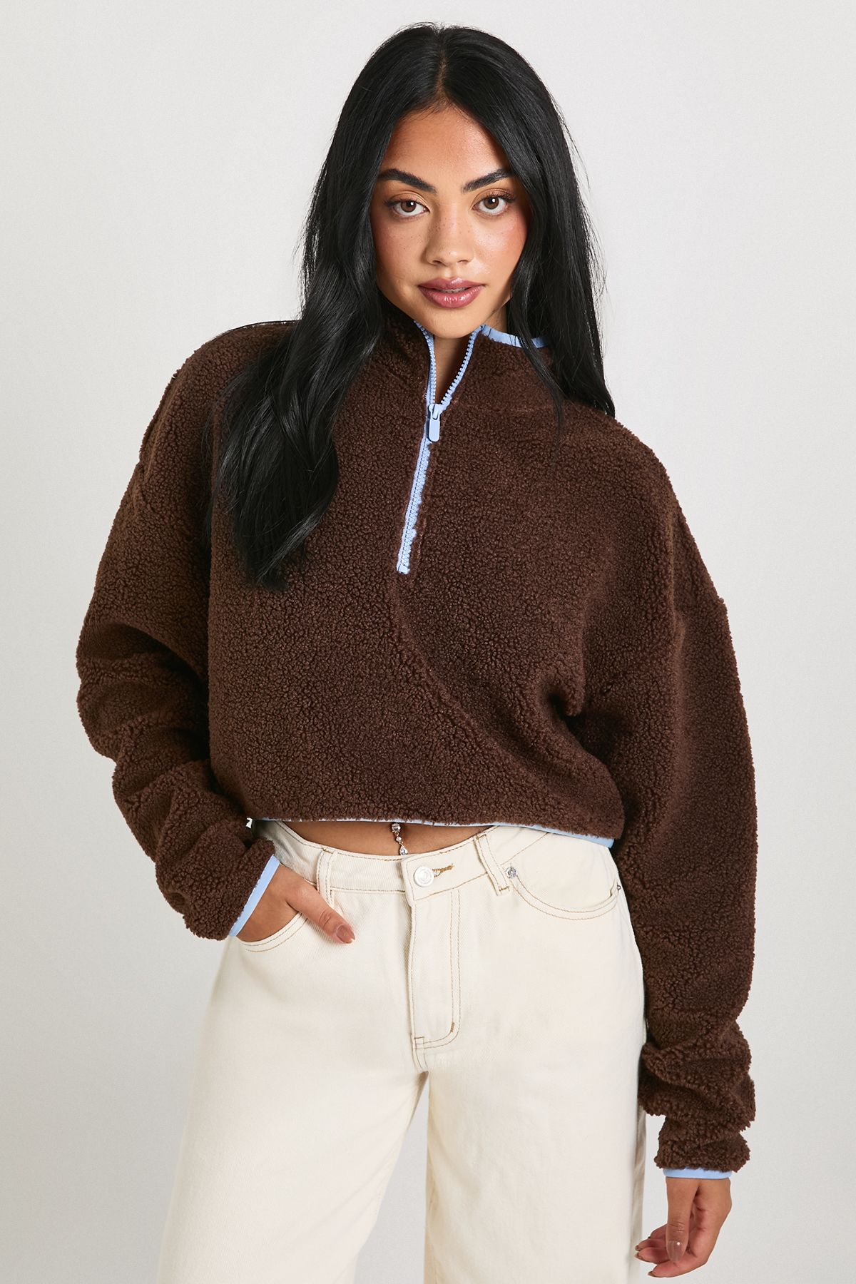 Contrast Half Zip Funnel Neck Cropped Borg Sweatshirt - Image 4