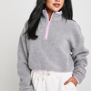 Contrast Half Zip Funnel Neck Cropped Borg Sweatshirt