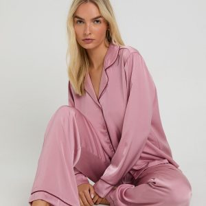 Satin Piping Detail Long Sleeve Shirt & Trousers Pyjama Set
