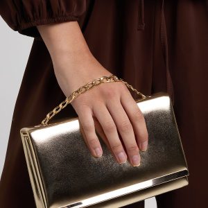 Metallic Structured Hardware Detail Clutch Bag and Chain