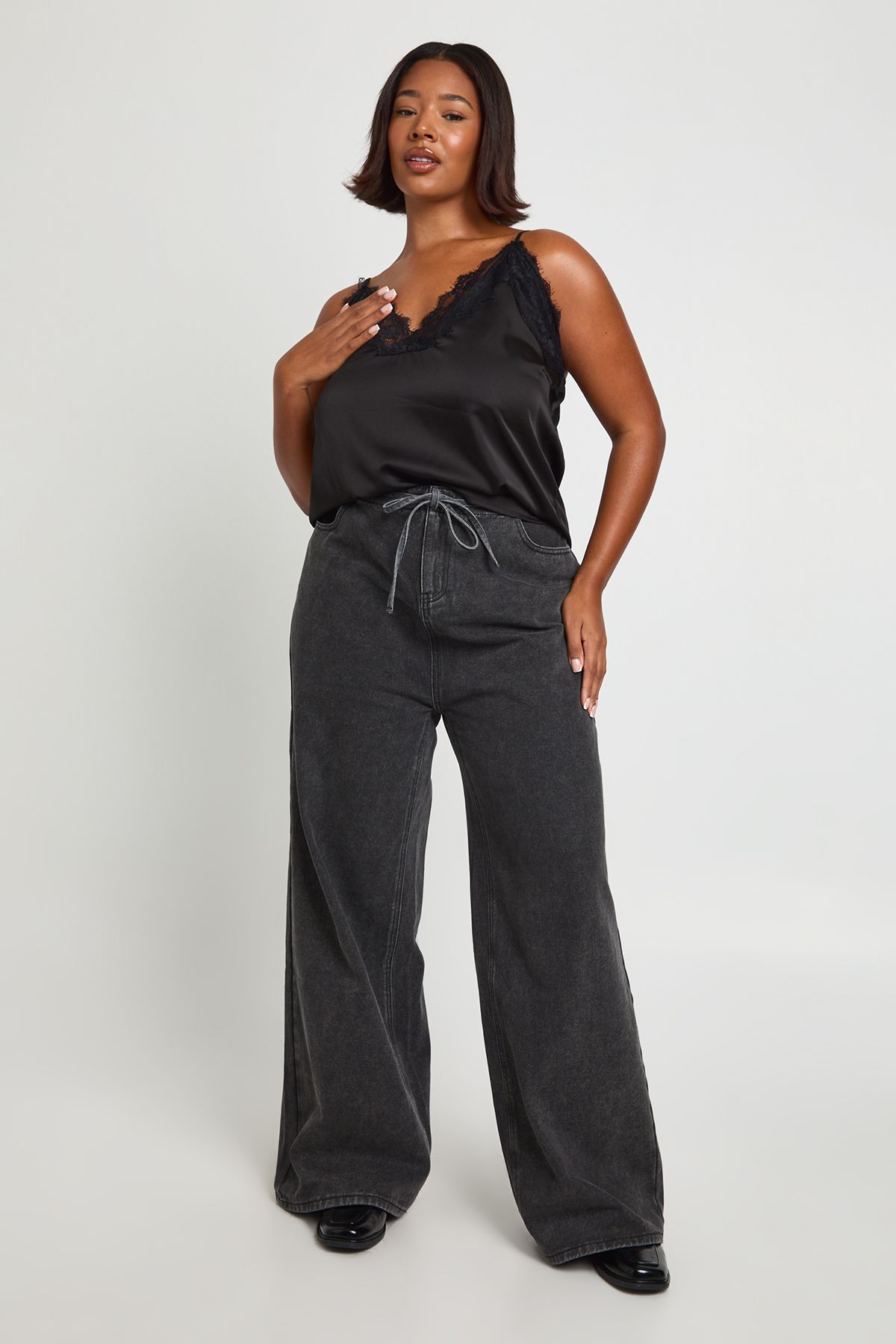 Plus Tie Waist Channel Insert Wide Leg Jean - Image 3