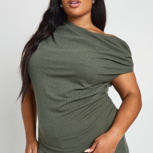 Plus Ribbed Asymmetric Top and Wide Leg Trouser
