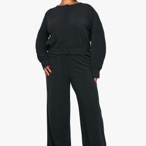 Plus Ribbed Button Down Cardigan and Wide Leg Trouser