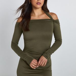 Halter Neck Bardot Long Sleeve Mini Dress