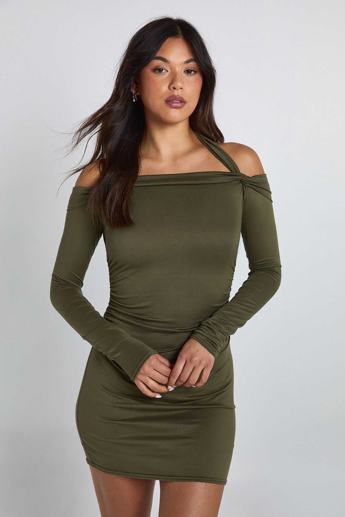 Halter Neck Bardot Long Sleeve Mini Dress