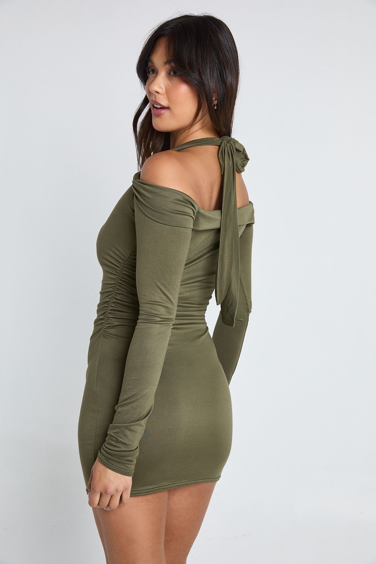 Halter Neck Bardot Long Sleeve Mini Dress - Image 2