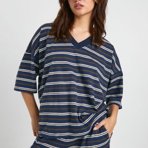 Striped V Neck Oversized T-Shirt