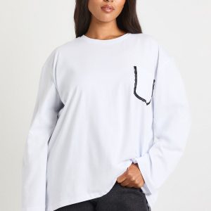 Plus Cotton Long Sleeve Top With Lace Pocket